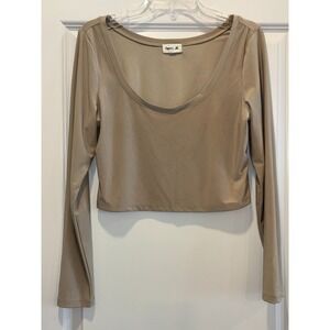 Open Edit Blouse Top Womens Large Beige Scoop Neck Cropped Casual Everyday Wear